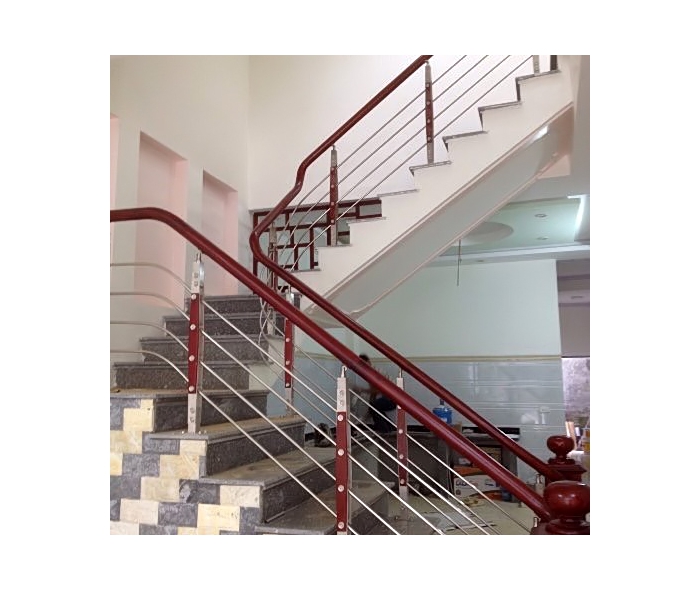 Cầu thang inox tay vịn gỗ MD05